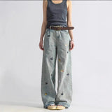 American Style Fun Puppy Embroidered Women's Jeans Spring and Autumn Washed Casual Wide Leg Pants - Zeprah