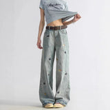 American Style Fun Puppy Embroidered Women's Jeans Spring and Autumn Washed Casual Wide Leg Pants - Zeprah