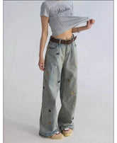American Style Fun Puppy Embroidered Women's Jeans Spring and Autumn Washed Casual Wide Leg Pants - Zeprah