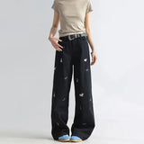 American Style Fun Puppy Embroidered Women's Jeans Spring and Autumn Washed Casual Wide Leg Pants - Zeprah