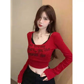 American Style Retro Sweet Spice Girl Sexy Long - sleeved T-shirt Women's Early Autumn New Letter Printed Slim - fit Short Top - Zeprah