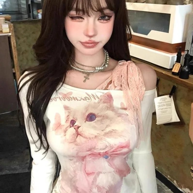 American - style Spicy Cat Y2K One - character Collar Long - sleeved T-shirt Women's Open - shoulder Lace Stitching Trendy Top - Zeprah