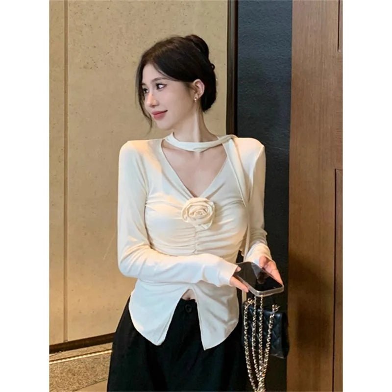 American Style Stitching Pleated Flower V - neck Long - sleeved T-shirt Women's Spring New Sweet and Hot Style Slim - fit Short Top - Zeprah