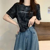 American Style Vintage Tie - Dye Short - Sleeved Letter Printed Loose Women's T-Shirt 2025 Summer Design Sense Short Top - Zeprah