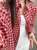 American Vintage Red Plaid Shirt Women Long - Sleeve Early Spring Outer Blouse Lazy Fit Summer Top - Zeprah