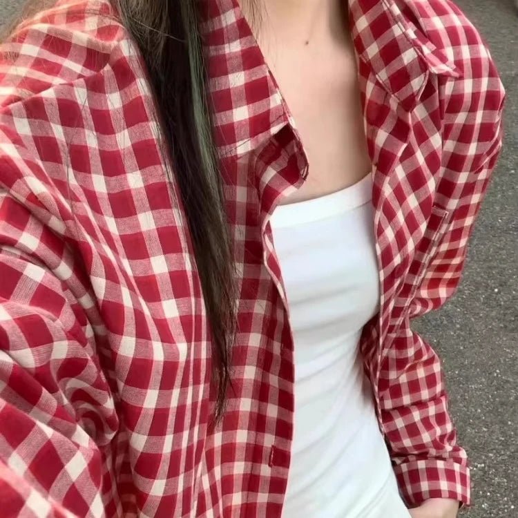 American Vintage Red Plaid Shirt Women Long - Sleeve Early Spring Outer Blouse Lazy Fit Summer Top - Zeprah