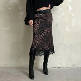 Animal Print Leopard Vintage Women's Natural Waist Wrap A - Line Midi Skirt Lace Trim Spandex/Polyester Anti - Pilling Quick Dry - Zeprah