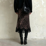 Animal Print Leopard Vintage Women's Natural Waist Wrap A - Line Midi Skirt Lace Trim Spandex/Polyester Anti - Pilling Quick Dry - Zeprah