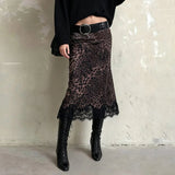 Animal Print Leopard Vintage Women's Natural Waist Wrap A - Line Midi Skirt Lace Trim Spandex/Polyester Anti - Pilling Quick Dry - Zeprah