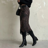 Animal Print Leopard Vintage Women's Natural Waist Wrap A - Line Midi Skirt Lace Trim Spandex/Polyester Anti - Pilling Quick Dry - Zeprah