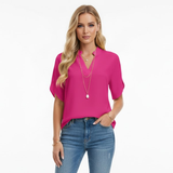 V-Neck Split Sleeve Blouse - Women’s Blouse – Mandarin Collar V-Neck Top with Split Cap Sleeves