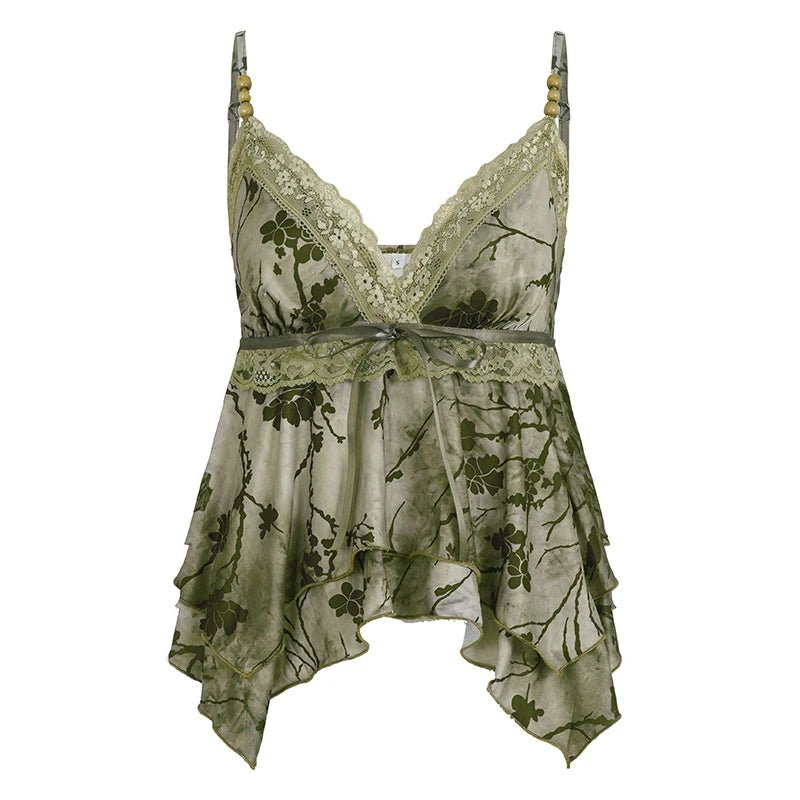 Asymmetric Lace - Up Camisole Sexy V - Neck A - Line Tank Top Floral Knitted Ribbons Hot Sale Women's Vest - Zeprah