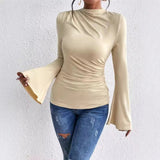 Autumn and Winter New All - match Pleated Design Sense Horn Sleeve Collar Slim - fit Women's T-shirt - Zeprah