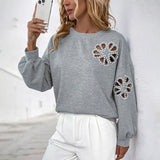 Autumn Casual Elegant Pearl Hollow Flower Pattern Neck Long Sleeve Women's Sweatshirt - Zeprah