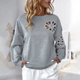 Autumn Casual Elegant Pearl Hollow Flower Pattern Neck Long Sleeve Women's Sweatshirt - Zeprah
