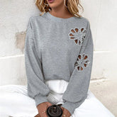 Autumn Casual Elegant Pearl Hollow Flower Pattern Neck Long Sleeve Women's Sweatshirt - Zeprah