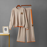 Autumn New Casual Fashion Set Round Neck Top + Wide Leg Pants Two - Piece Knitted Set for Women - Zeprah