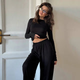Autumn New Cozy Casual Women's Home Wear Set Solid Color Long Sleeve Knitting T-Shirt with Loose Pants Loungewear - Zeprah