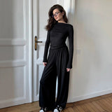 Autumn New Cozy Casual Women's Home Wear Set Solid Color Long Sleeve Knitting T-Shirt with Loose Pants Loungewear - Zeprah