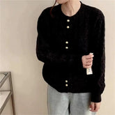 Autumn New Vintage Braided Gold Button Casual Gentle Style Knitted Cardigan Round Neck Solid Color Front Logo Sweater Top - Zeprah
