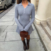 Autumn New Women's Casual Solid Woolen Natural Waist Knit A - Line Polo Dress Long Sleeve Washable Work Office Wear - Zeprah
