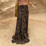 Autumn Retro Print Contrast Color Dropped Waist Long Layered Chiffon Asymmetrical Tiered Maxi Beach Skirt - Zeprah
