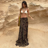 Autumn Retro Print Contrast Color Dropped Waist Long Layered Chiffon Asymmetrical Tiered Maxi Beach Skirt - Zeprah