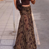 Autumn Retro Print Contrast Color Dropped Waist Long Layered Chiffon Asymmetrical Tiered Maxi Beach Skirt - Zeprah