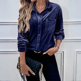 Autumn Velvet Solid Color Turn - Down Collar Lantern Sleeve Shirt - Zeprah