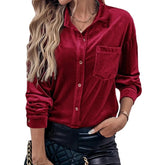 Autumn Velvet Solid Color Turn - Down Collar Lantern Sleeve Shirt - Zeprah