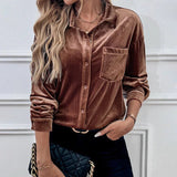 Autumn Velvet Solid Color Turn - Down Collar Lantern Sleeve Shirt - Zeprah