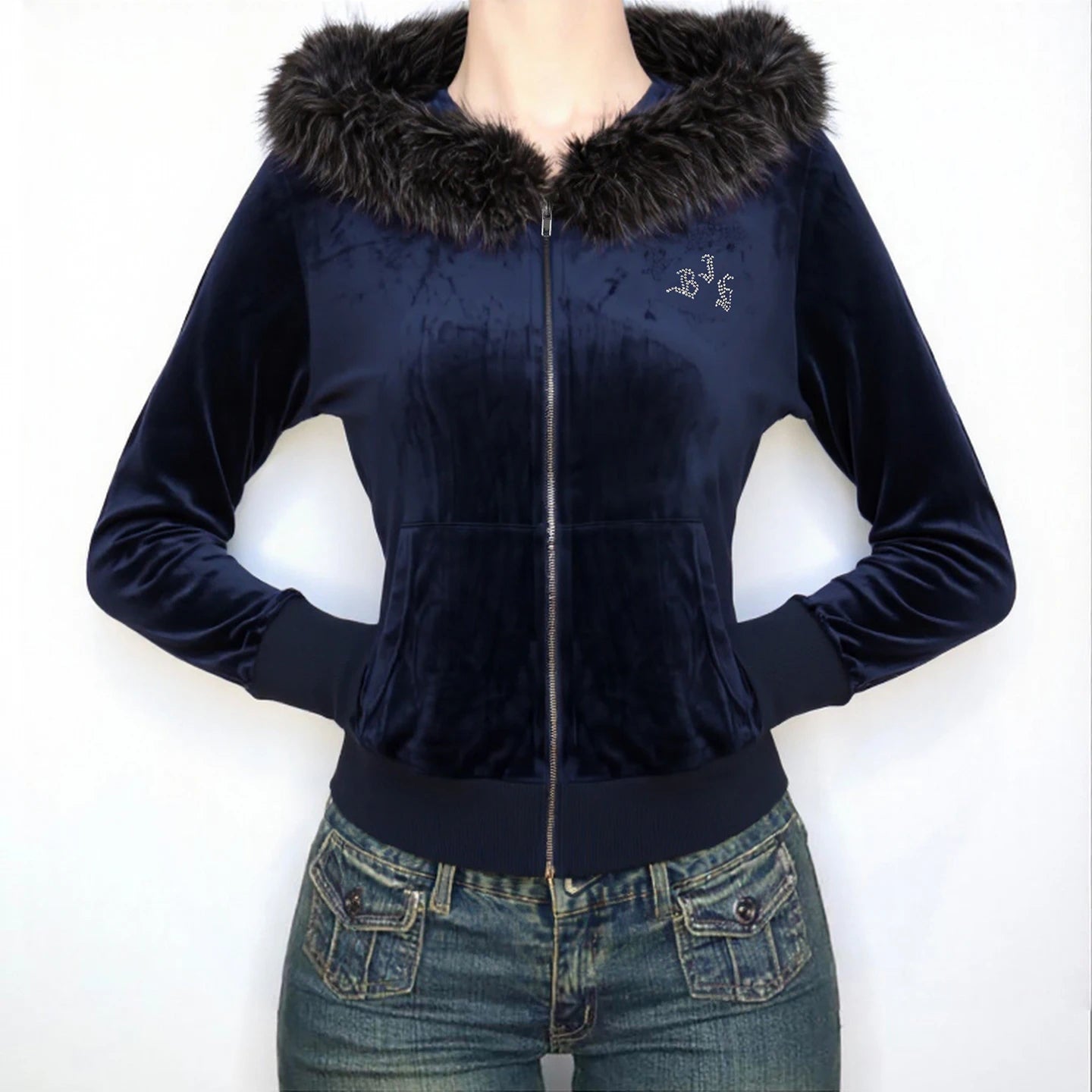 Autumn Vintage Velour Hooded Jacket Women's Retro Faux Fur Trim Zip up Sporty Sweatshirt Warm Eco - Friendly Front Logo Coat - Zeprah