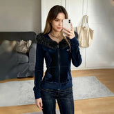 Autumn Vintage Velour Hooded Jacket Women's Retro Faux Fur Trim Zip up Sporty Sweatshirt Warm Eco - Friendly Front Logo Coat - Zeprah