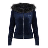 Autumn Vintage Velour Hooded Jacket Women's Retro Faux Fur Trim Zip up Sporty Sweatshirt Warm Eco - Friendly Front Logo Coat - Zeprah