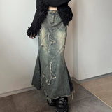 Autumn Winter Distressed Vintage Casual Loose Women's Denim Skirt Raw Hemline Star Patch Irregular Mermaid Tail Waist - Zeprah