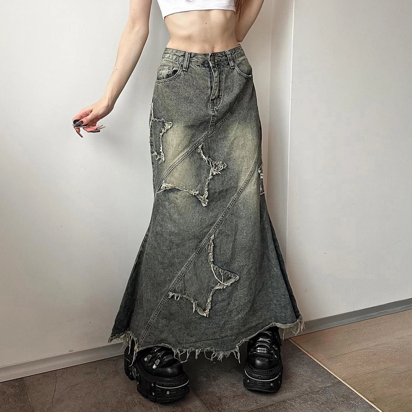 Autumn Winter Distressed Vintage Casual Loose Women's Denim Skirt Raw Hemline Star Patch Irregular Mermaid Tail Waist - Zeprah