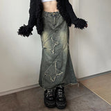 Autumn Winter Distressed Vintage Casual Loose Women's Denim Skirt Raw Hemline Star Patch Irregular Mermaid Tail Waist - Zeprah