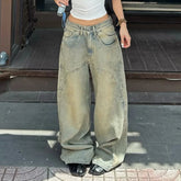 Autumn Winter Hot Sale Distressed Washed Patchwork Low Rise Denim Eco - Friendly Women's Jeans Loose Wide Leg Casual - Zeprah