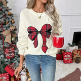 Autumn Winter New Christmas Sweet Bow Plaid Embroidered Knitted Acrylic Fiber Sweater - Zeprah