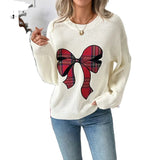 Autumn Winter New Christmas Sweet Bow Plaid Embroidered Knitted Acrylic Fiber Sweater - Zeprah