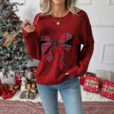 Autumn Winter New Christmas Sweet Bow Plaid Embroidered Knitted Acrylic Fiber Sweater - Zeprah