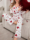 Autumn Winter New Pajamas Two - Piece Set for Women Heart Print Long Sleeve Long Pants European American Homewear - Zeprah