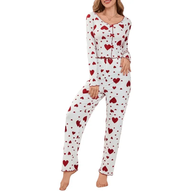 Autumn Winter New Pajamas Two - Piece Set for Women Heart Print Long Sleeve Long Pants European American Homewear - Zeprah