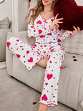 Autumn Winter New Pajamas Two - Piece Set for Women Heart Print Long Sleeve Long Pants European American Homewear - Zeprah