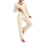 Autumn Winter Women's Elastic Waist Breathable Long Sleeve V - neck Pajamas Set - Zeprah