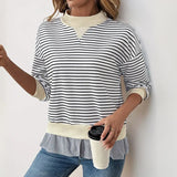 Autumn Women's Casual Date Commuting Half High Collar Loose Striped Sweatshirt - Zeprah