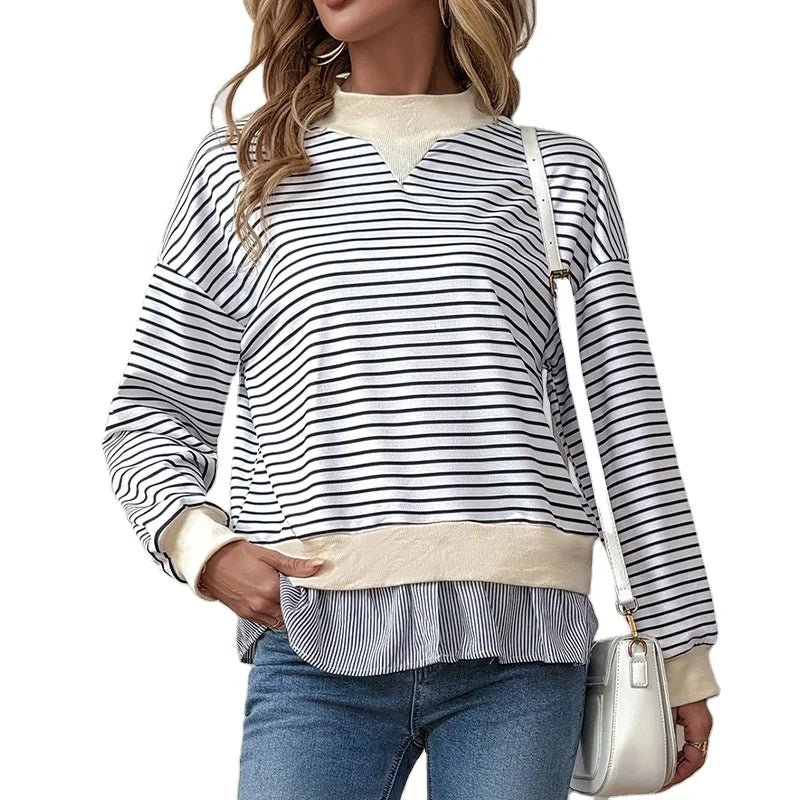 Autumn Women's Casual Date Commuting Half High Collar Loose Striped Sweatshirt - Zeprah