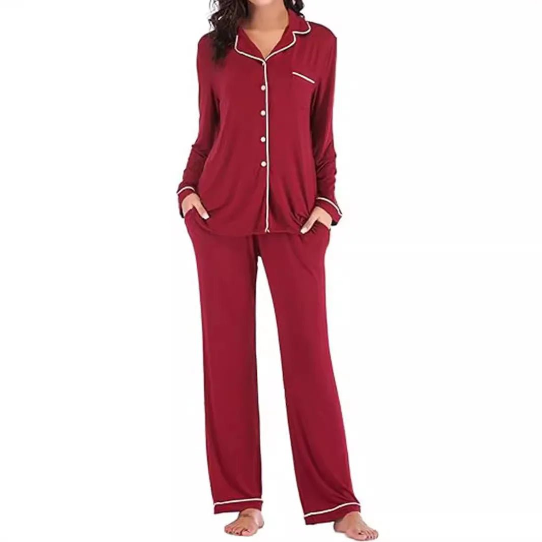 Autumn Women's Satin Casual Pajama Set with Elastic Waist Long Sleeves Full Length Breathable - Zeprah