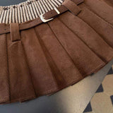 Women Corduroy Pleated Mini Skirt Elastic Knit Waist Short Skirt Free Matching Belt Y2K High Waist A-Line Skirt