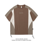 Men Color Block Patchwork Short Sleeve T Shirt Drawstring Hem Loose Oversized Streetwear Letter Print Casual Tee Tops